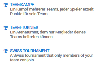 Unterscheidung Teamkampf, Teamturnier und Swiss Tournament